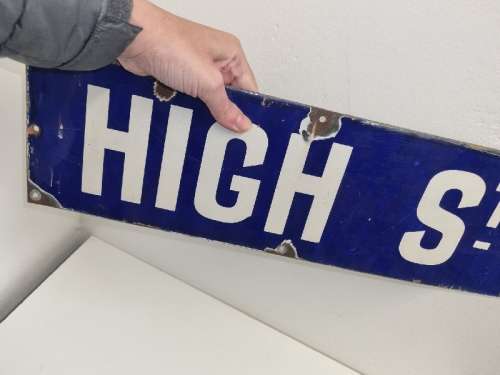 Vintage Blue Enamel Street name - High Street - 51cm x 15.5cm - Enamel sign