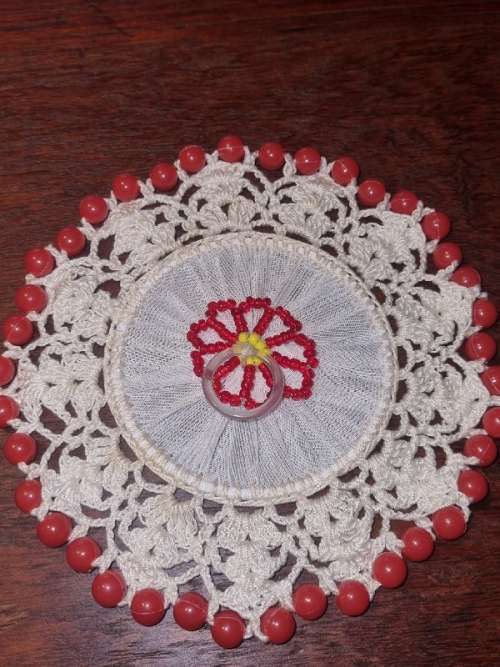 Beautiful Vintage Milk Jug Doily with Beaded detail - Diameter - 12.5cm