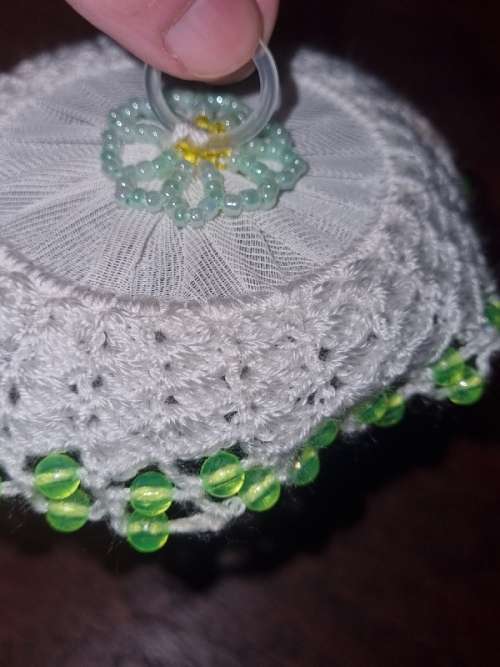Beautiful Vintage Milk Jug Doily with Beaded detail - Diameter - 12.5cm