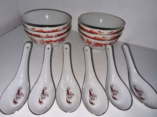 6 x Chinese Rice Bowls with Porcelain Spoons - Made in Taiwan - Rep. of China