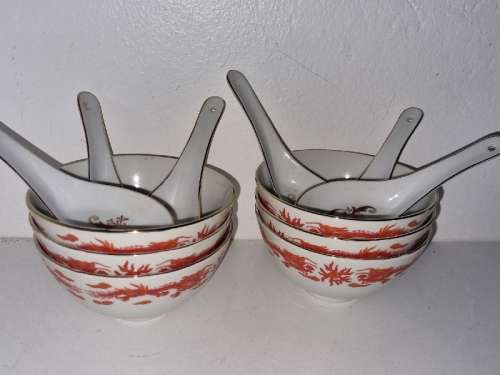 6 x Chinese Rice Bowls with Porcelain Spoons - Made in Taiwan - Rep. of China