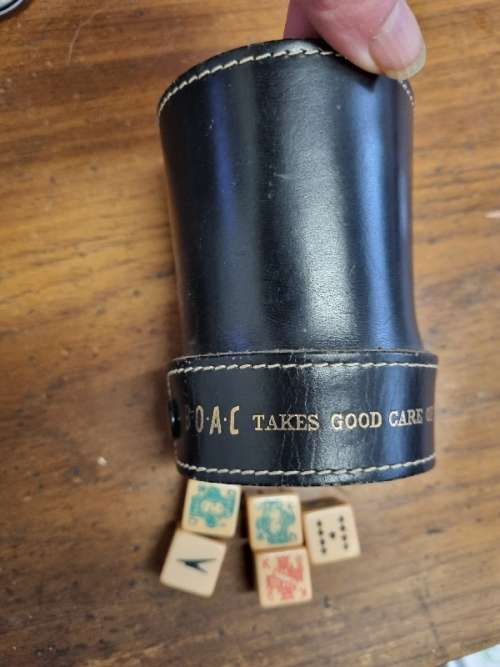 Vintage Leather Dice Cup with 5 Dice - BOAC - Made in England