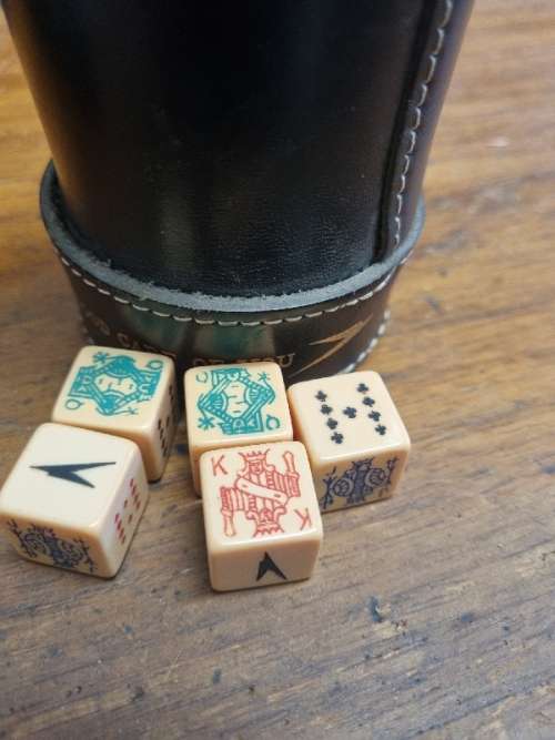 Vintage Leather Dice Cup with 5 Dice - BOAC - Made in England