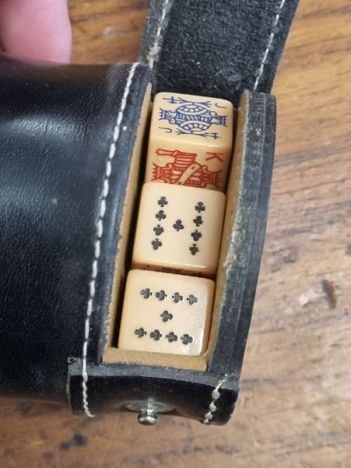 Vintage Leather Dice Cup with 5 Dice - BOAC - Made in England
