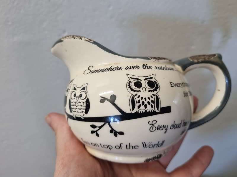 Milk Jug with owl detail - made to look rustic
