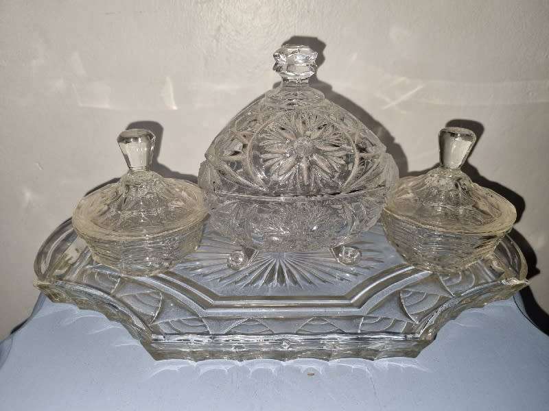 Glass Tray with 3 glass containers with lids - Good Quality, Heavy items