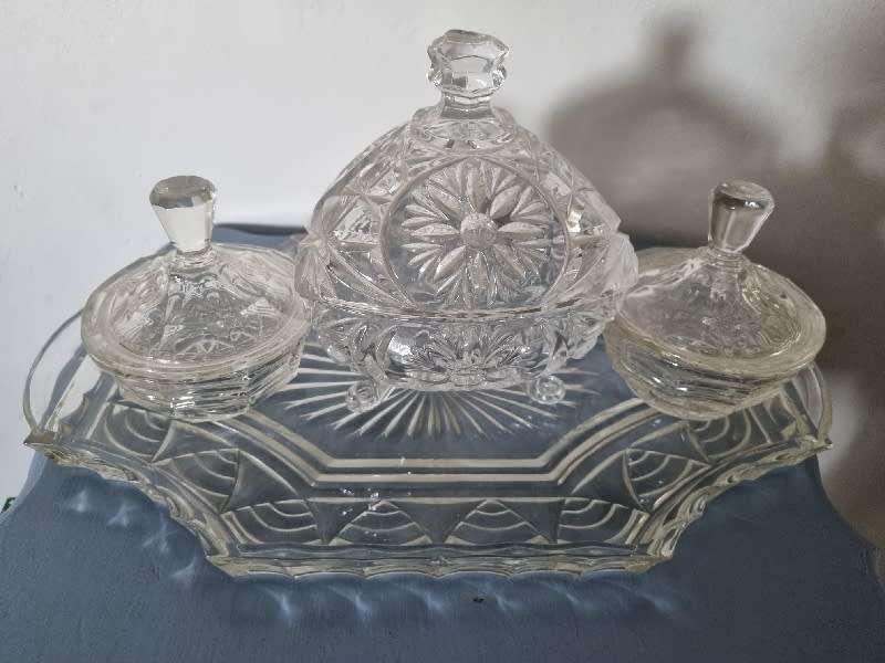 Glass Tray with 3 glass containers with lids - Good Quality, Heavy items