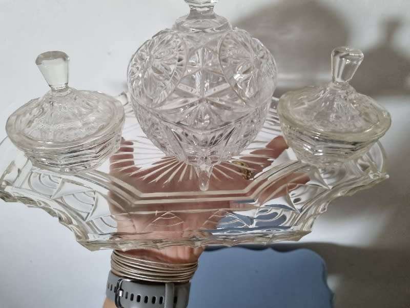 Glass Tray with 3 glass containers with lids - Good Quality, Heavy items