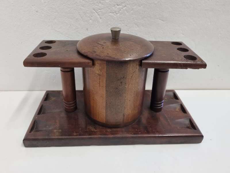 Wooden Pipe stand with container - Holds 6 pipes - Pipe holder / pipe rack