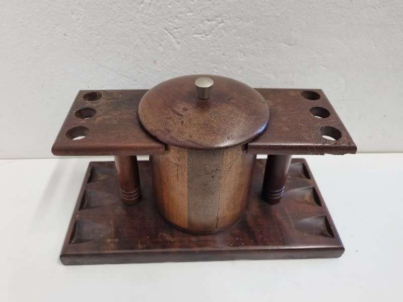 Wooden Pipe stand with container - Holds 6 pipes - Pipe holder / pipe rack