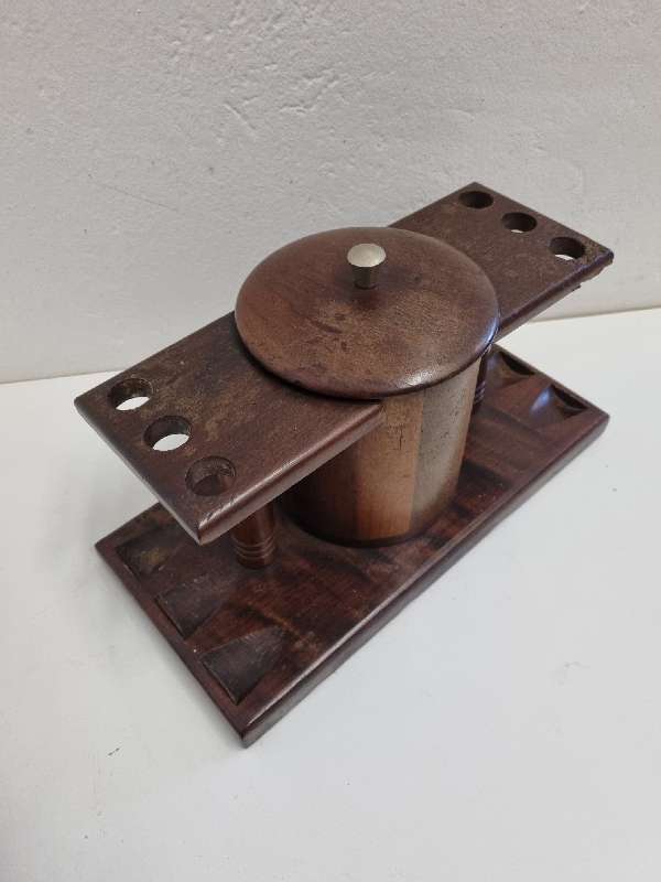 Wooden Pipe stand with container - Holds 6 pipes - Pipe holder / pipe rack