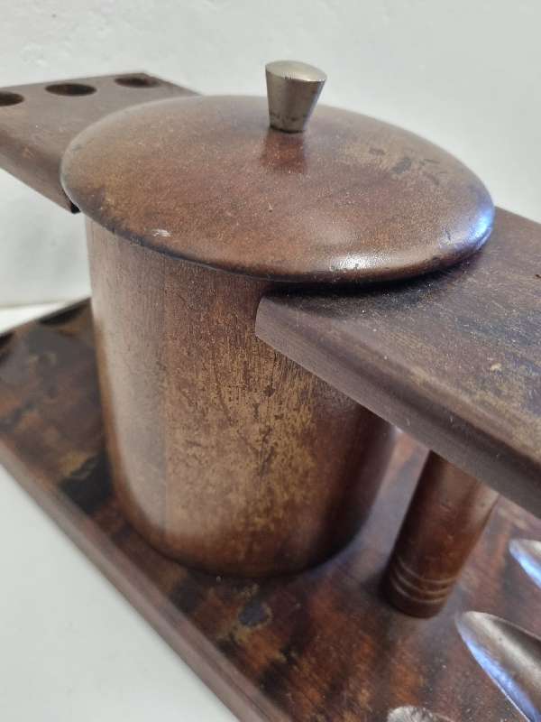 Wooden Pipe stand with container - Holds 6 pipes - Pipe holder / pipe rack