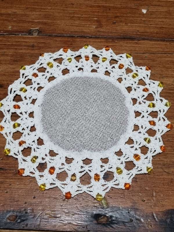 Small Vintage Doily with Beaded detail - Diameter - 16cm
