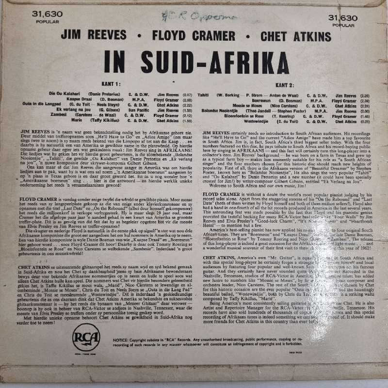 Jim Reeves, Floyed Cramer, Chet Atkins In Suid-Afrika - LP