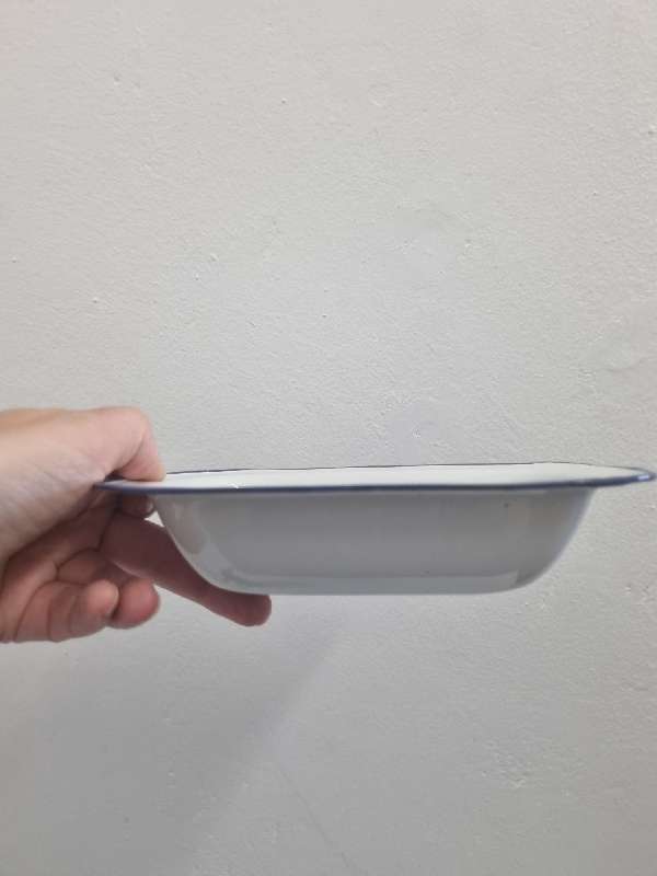 Small Vintage enamel dish with blue trim 17.5cm x 12.5cm