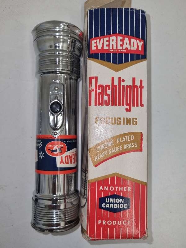 Vintage Eveready Torch - Flashlight - Never used - In Original Packaging - Chrome Plated Heavy Gauge