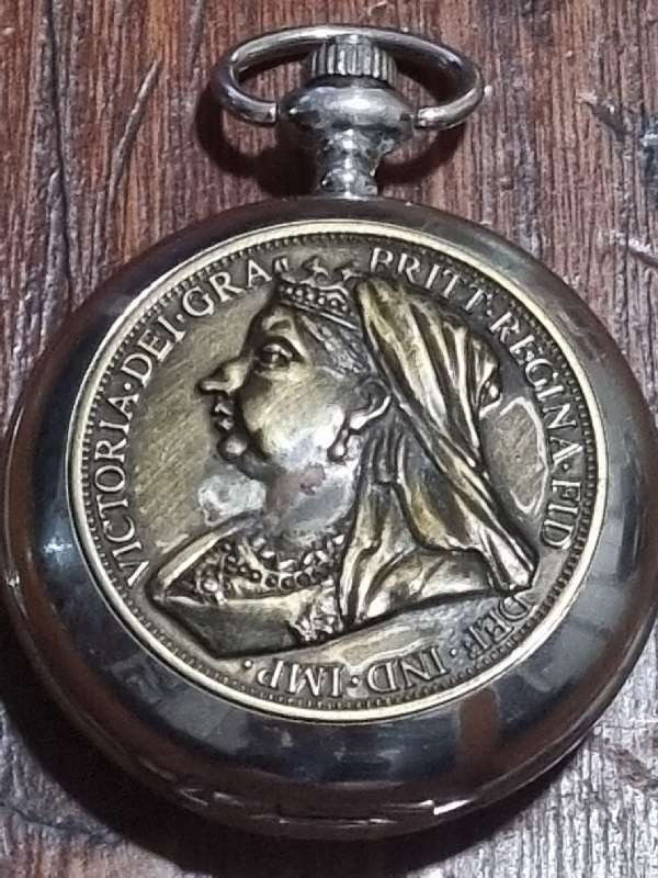 Pocket watch with replica of 1899 One Penny on one side