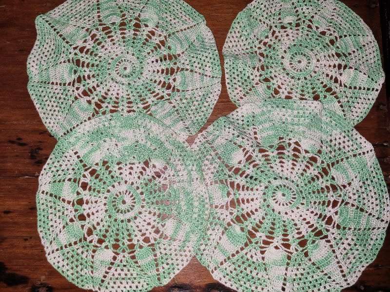 4 x Green and White Crochet Doily - Diameter 33cm and  28cm