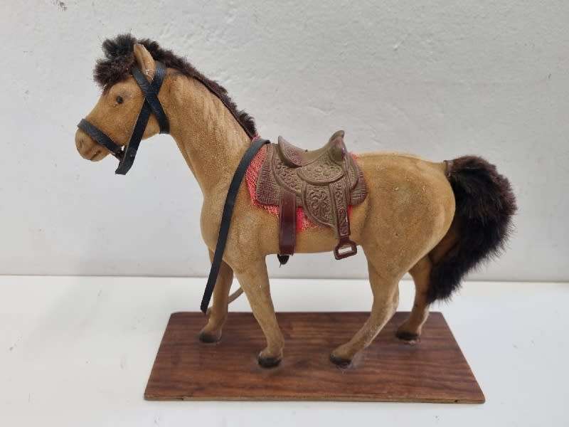 Large Vintage Plastic Toy Horse on wooden stand - Made in Hong Kong