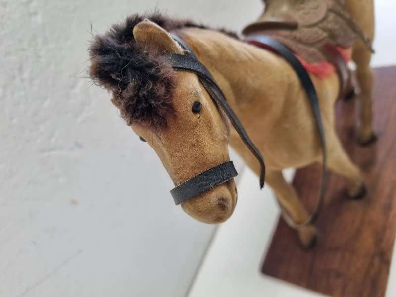 Large Vintage Plastic Toy Horse on wooden stand - Made in Hong Kong
