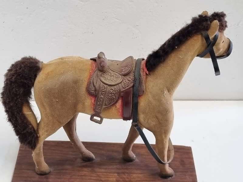 Large Vintage Plastic Toy Horse on wooden stand - Made in Hong Kong