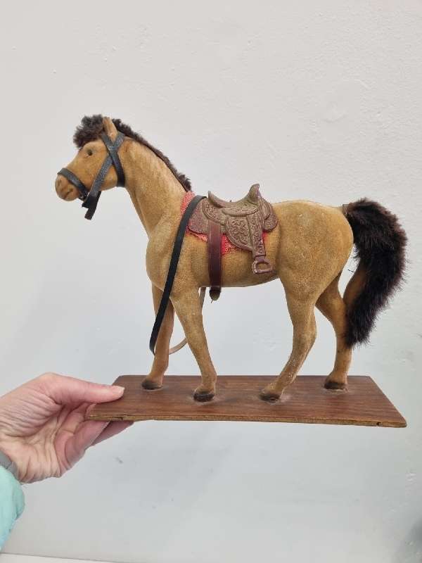 Large Vintage Plastic Toy Horse on wooden stand - Made in Hong Kong