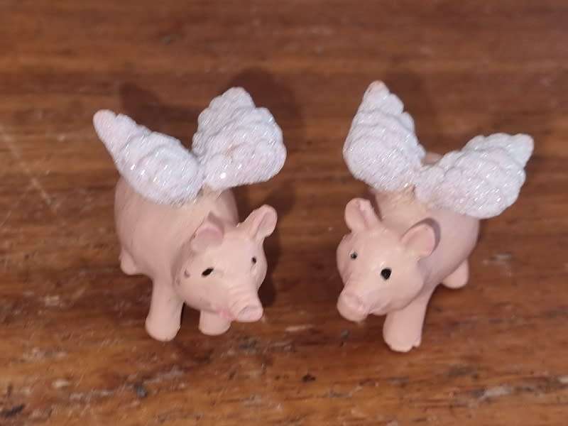2 x Miniature Pig figurines with wings