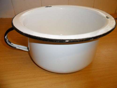Vintage White with black trim enamel Chamber Pot