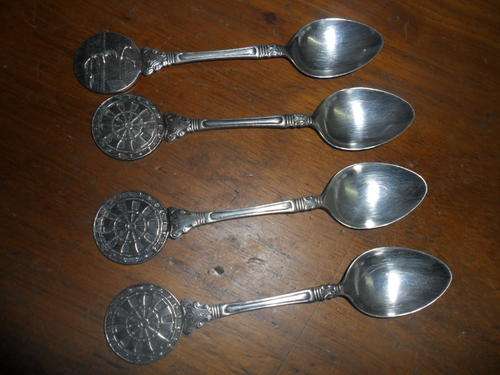 4 x Beautiful EPNS Tea Spoons - Dartboard & Tennis