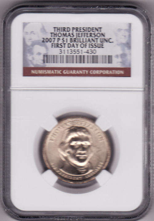 USA - 3RD PRESIDENTIAL DOLLAR - THOMAS JEFFERSON 2007 P $1 NGC MS 65