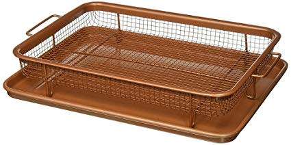 Copper Rectangle Crispy Tray Oven Air Fryer Mesh Basket Ceramic Coating - Cook With No Oil