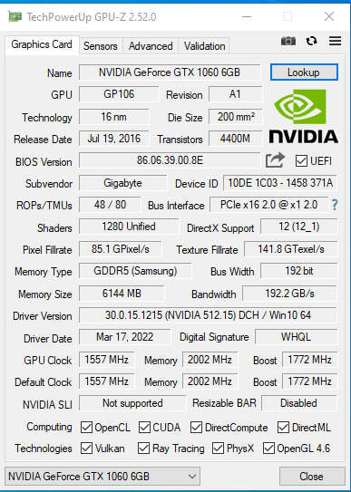 Gigabyte GeForce GTX 1060 WINDFORCE OC 6GB GDDR5  (Excellent Condition)