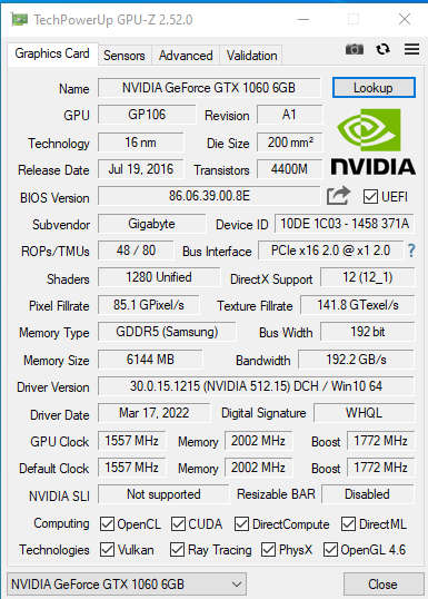 Gigabyte GeForce GTX 1060 WINDFORCE OC 6GB GDDR5  (Excellent Condition)