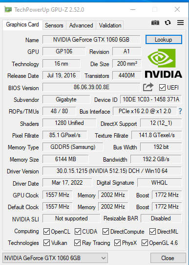 Gigabyte GeForce GTX 1060 WINDFORCE OC 6GB GDDR5  (Excellent Condition)