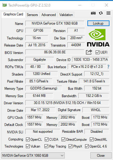 Gigabyte GeForce GTX 1060 WINDFORCE OC 6GB GDDR5  (Excellent Condition)