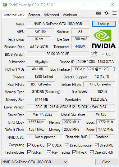 Gigabyte GeForce GTX 1060 WINDFORCE OC 6GB GDDR5  (Excellent Condition)