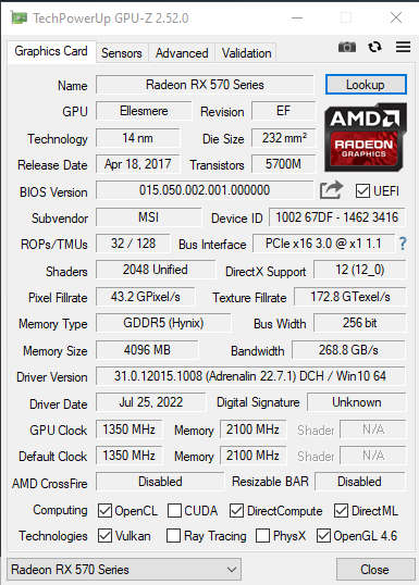 MSI AMD Radeon RX 570 4 Gb graphics card for sale (EXCELLENT CONDITION)