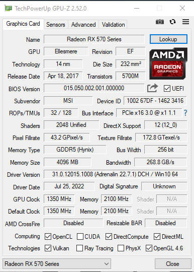 MSI AMD Radeon RX 570 4 Gb graphics card for sale (EXCELLENT CONDITION)