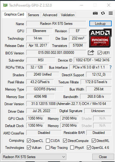 MSI AMD Radeon RX 570 4 Gb graphics card for sale (EXCELLENT CONDITION)