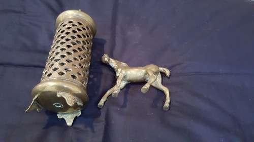 BRASS HORSE AND BRASS CANDLE HOLDER