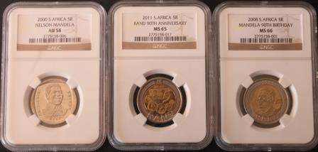 BARGAIN!!! 3 GRADED R5 MANDELA COINS!!!!!!! R1 CRAZY START!!!!!