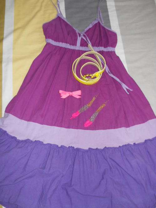 Purple baby doll dress, belt, earring and clip combo