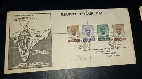 Gandhi First Day Cover (Missing S) 1948 15 August Bombay Rare Air Mail Registered South Africa