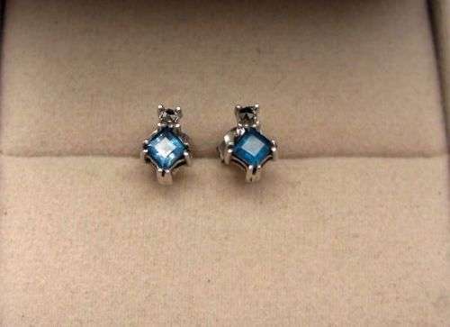 Stunning Timeless STERLING SILVER Stud Earring with Blue Topaz & Marcasites in Claw Settings.