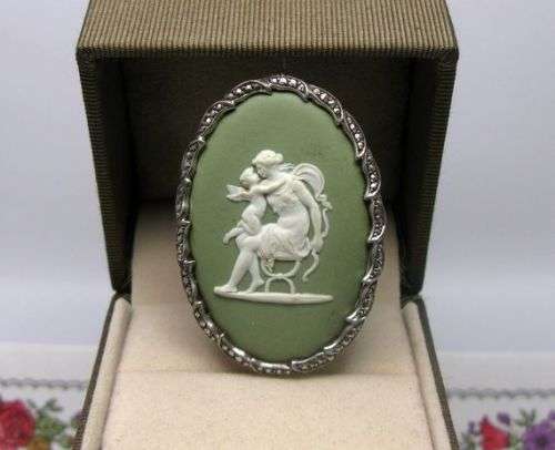 Vintage, Large Original Wedgewood Green jasper-ware Brooch in Sterling silver, Marcasites.