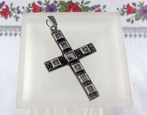 Pretty Vintage 925 Sterling Silver Cluster Cross Pendant with Natural Amethyst & Marcasites.