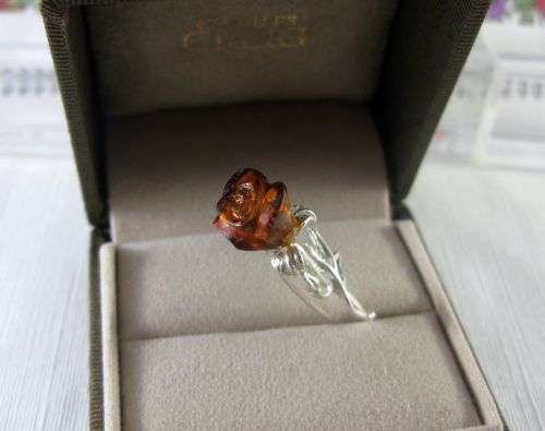 Vintage Russian Genuine Amber Brooch - "ROSE" Sterling Silver. Hand Made.