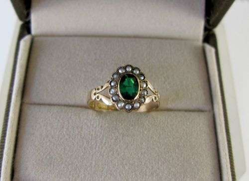 Unusual Antique 9 Carat Rose Gold Ring with Green Tourmaline & Seed Pearls. Hallmarked.