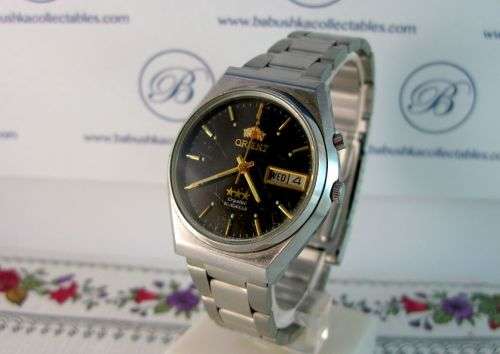 Rare Original Automatic Orient Luxury Wrist Watch Triple Star Day & Date, Black Dial.