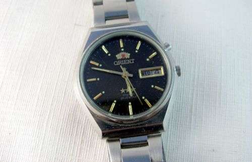 Rare Original Automatic Orient Luxury Wrist Watch Triple Star Day & Date, Black Dial.